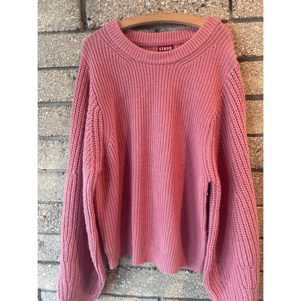 Staud Aura Pink Knit Sweater Balloon Sleeves Womens XL Soft  Wool & Cotton Blend - Picture 4 of 14
